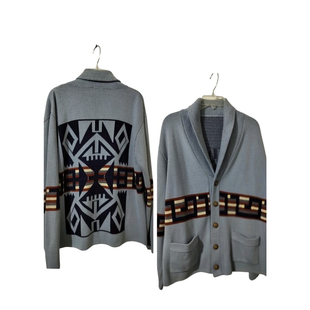 M1285)Vtg 80s Light Blue Southwestern Aztec Knitted Shawl Cardigan Unisex L/XL?